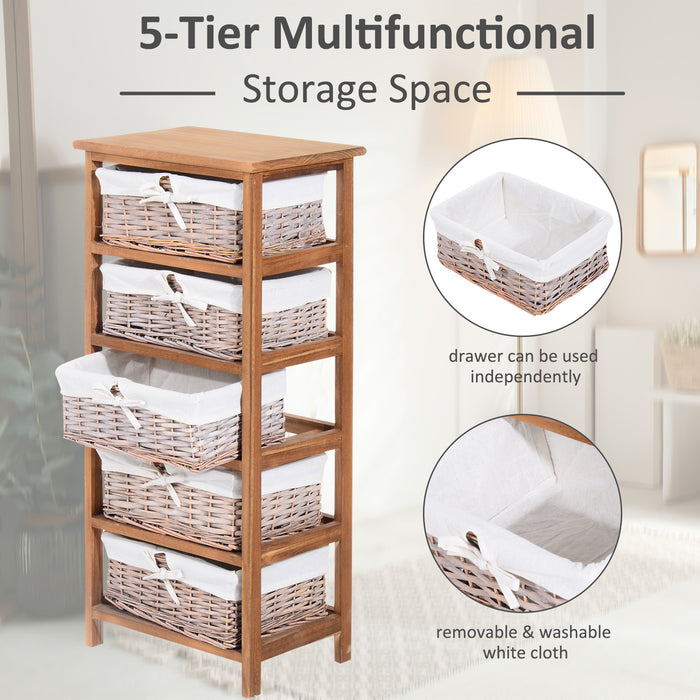 5-Drawer Wooden Dresser with Wicker Baskets - Versatile Storage Shelf Unit for Bedroom and Office Organization - Elegant Natural Finish Home Cabinet