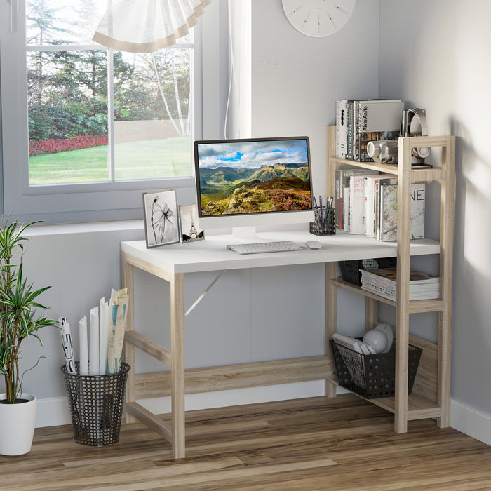 Modern White Wood Grain Computer Desk - Spacious Writing Table with Shelves, Laptop Workstation - Ideal for Home Office and Student Study Space