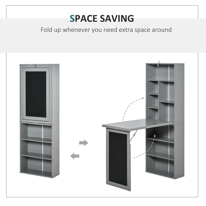 Convertible Wall-Mounted Desk with Blackboard - Fold-Out Writing Station with Side Shelf - Space-Saving Grey Home Office Solution