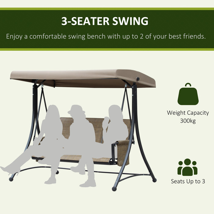 Outdoor High-Back 3-Person Patio Swing Chair - Adjustable Canopy, Side Pouches, Porch Seating in Brown - Relaxation and Comfort for Deck or Garden