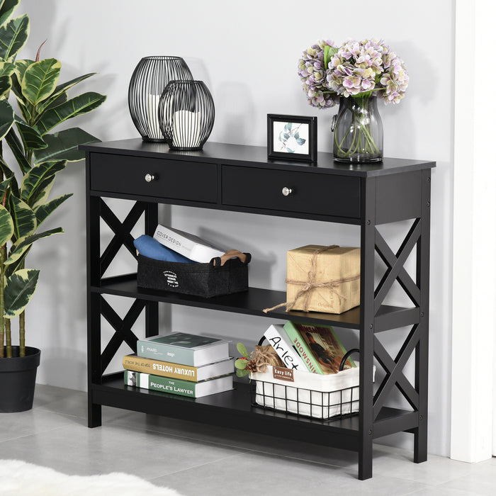 Console Table with X Support Frame - Modern Side Desk with Open Top, Shelves, and Drawers - Stylish Storage Solution for Living Room, Hallway, or Home Office