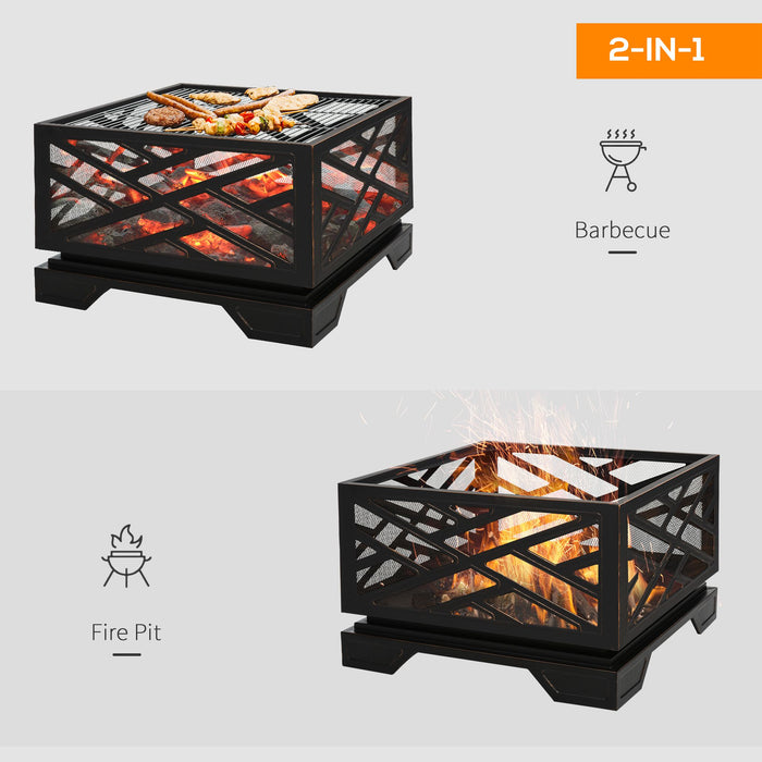 2 in 1 Square Fire Pit and BBQ Grill - 66cm Metal Brazier with Spark Screen Cover and Poker for Garden, Patio - Ideal for Outdoor Heating and Grilling