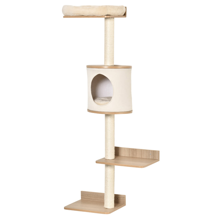 Wall-Mounted Cat Tree with Condo Bed - Indoor Kitten Perch, Climber & Scratching Post Furniture in Beige - Space-Saving Shelter for Cats