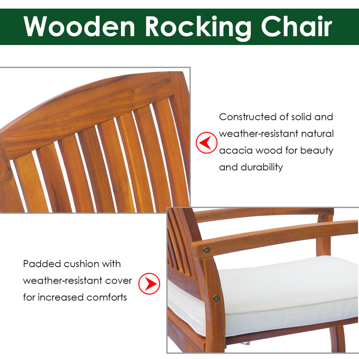 Acacia Wood Rocking Chair - Outdoor & Indoor Porch Deck Seating with Comfortable Cushion - Ideal for Relaxing in Garden or Patio Spaces