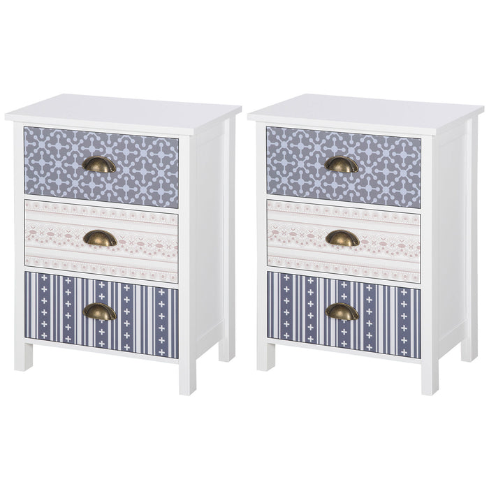 Set of 2 Purple Bedside Tables - Shabby Chic Nightstands with 3 Drawers and Metal Handles - Stylish Sofa Side Tables for Bedroom and Living Room