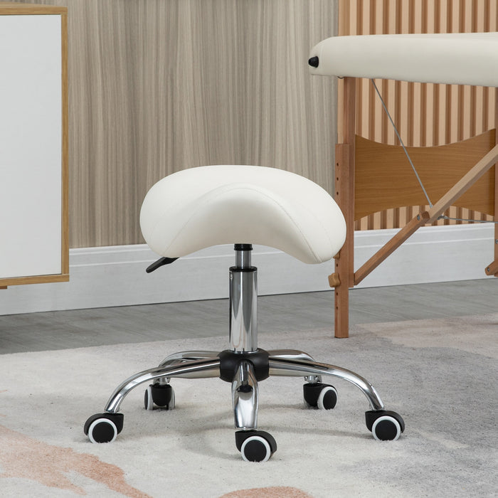 360° Rotating Adjustable Cosmetic Stool - Comfortable Cream Faux Leather Saddle Seat with Hydraulic Lift and Rolling Base - Ideal for Salon, Spa, and Massage Therapists