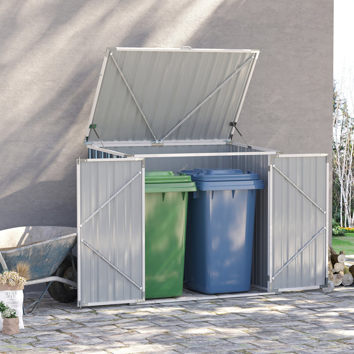 Steel Double Bin Storage Shed - 5ft x 3ft Garden Waste Organizer with Locking Doors, Openable Lid - Conceals Trash Cans, Secures Garbage