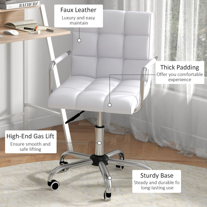 Elegant White Home Office Suite - Swivel Wheeled Faux Leather Chair & Storage Shelf Study Desk - Ideal for Remote Working and Comfortable Studying