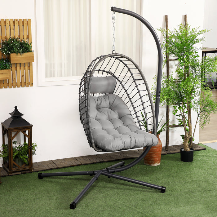 Foldable Rattan Swing Chair with Cushion - Durable Outdoor Patio Hanging Egg Chair with Metal Stand and Headrest - Comfortable Lounging for Deck, Garden or Balcony