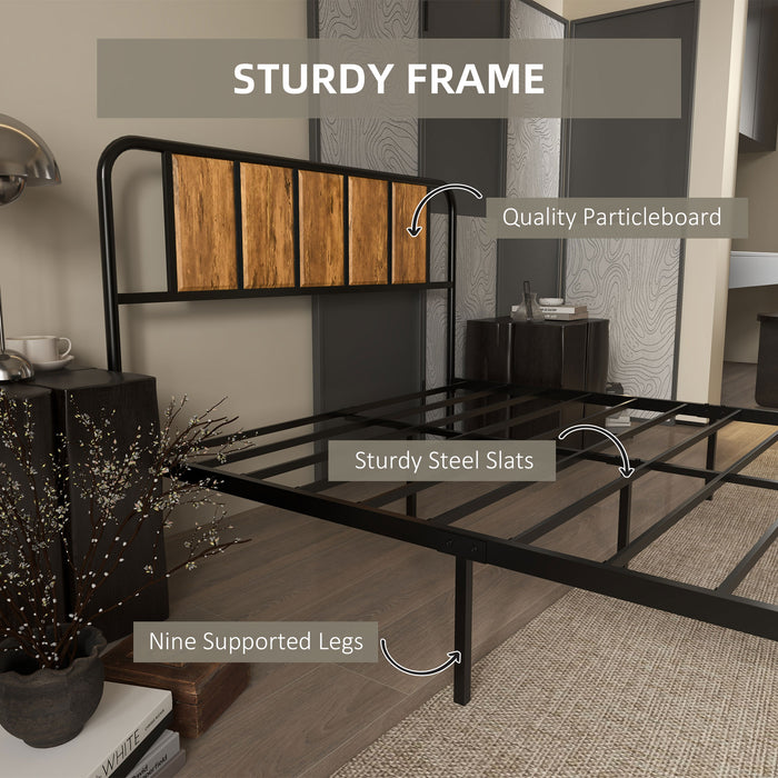 Double Bed Frame with Headboard and Footboard - Industrial-Style Steel Slat Base, Under-Bed Storage - Ideal for Rustic Bedroom Decor, 145 x 199cm