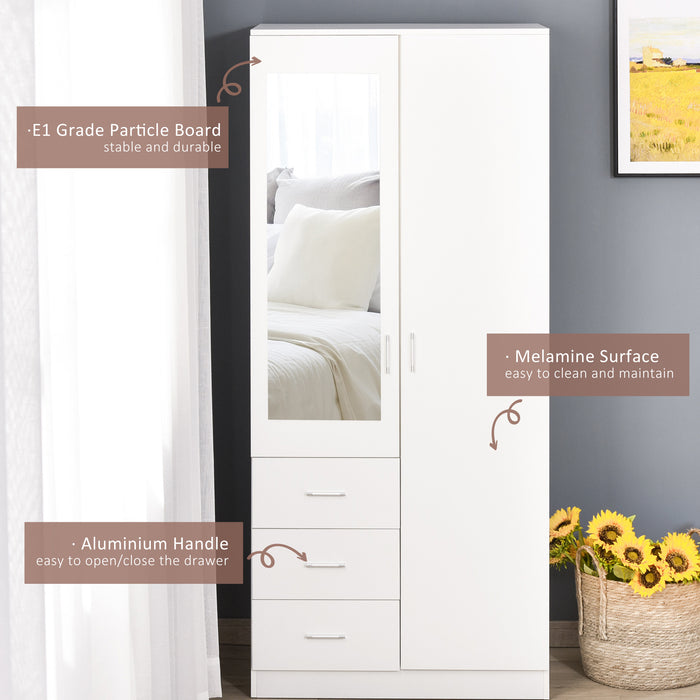 Modern Mirror Wardrobe with Adjustable Shelf - 2 Door Cupboard and 3 Drawers, 80x50x180cm - Sleek White Home Storage Organizer for Bedroom