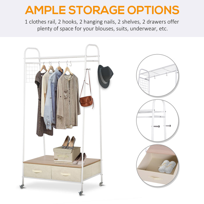 Coat Rack with Rail and Shelf Storage - Freestanding Garment Hanger with Organiser Drawers - Entryway Clothes Stand for Organization and Style