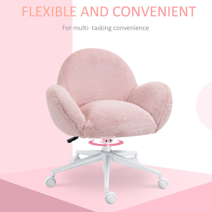 Ergonomic Fluffy Pink Chair with Armrests - Home Office Comfort Swivel Chair with Backrest - Ideal for Bedroom and Living Room Use