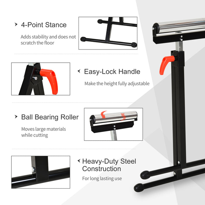 Folding Roller Stand with Ball Bearing - Height Adjustable Material Support Pedestal, Durable Metal Construction - Portable Tool for Workshop and Jobsite Use