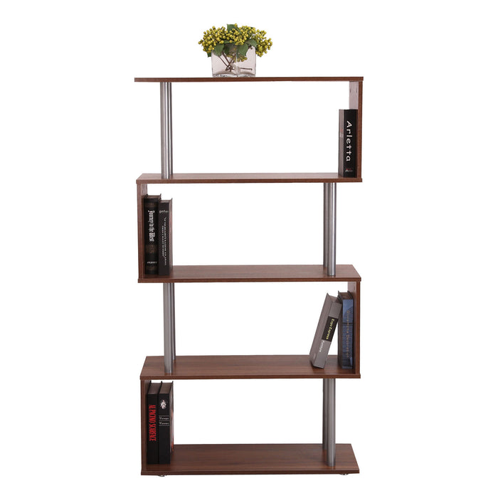 4-Tires Wooden S-Shape Bookshelf - Contemporary Storage & Display Unit with Steel Frame - Ideal for Living Room, Bedroom, Office in Walnut Finish