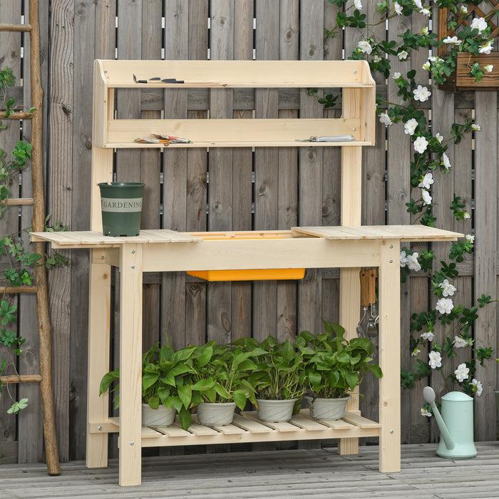 Outdoor Garden Potting Bench with Extendable Sliding Tabletop - Wooden Workstation Featuring Dry Sink, Storage Shelf, and Hooks - Ideal for Gardening Enthusiasts & Greenhouse Tasks