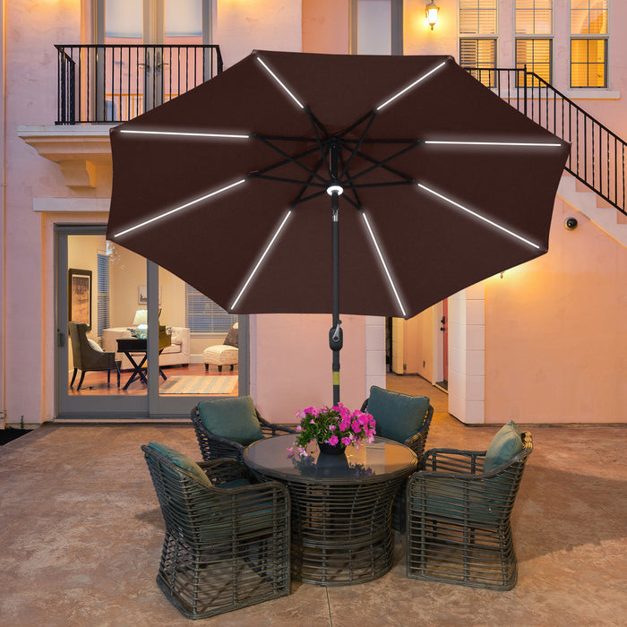 2.7m Garden Parasol with LED Solar Light - UV-Protective Angled Canopy Sun Umbrella with Vent and Crank Tilt - Outdoor Patio Summer Shelter, Coffee Brown