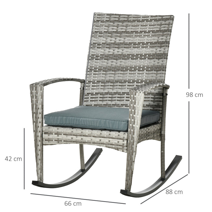 Rattan Rocking Chair with Cushion - Stylish Outdoor Wicker Weave Patio Relaxer for Garden and Bistro - Comfortable Light Grey Seating Solution for Leisure and Relaxation