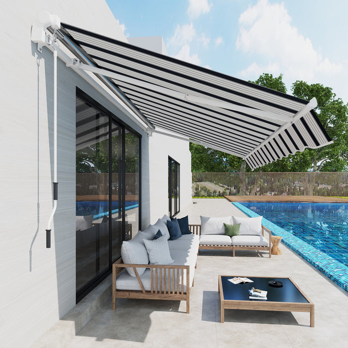 Aluminium Sun Shade Shelter - 4m x 3m Retractable Manual Awning, Blue and White - Outdoor Patio Garden Canopy Protection