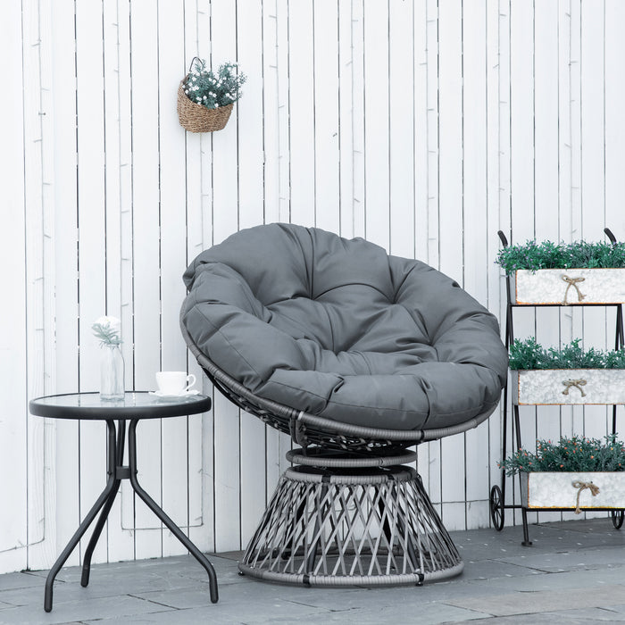 Rattan Papasan Moon Bowl Chair - 360° Swivel, Oversized Wicker Basket Lounge Seat with Grey Padded Cushion - Ideal for Indoor & Outdoor Relaxation