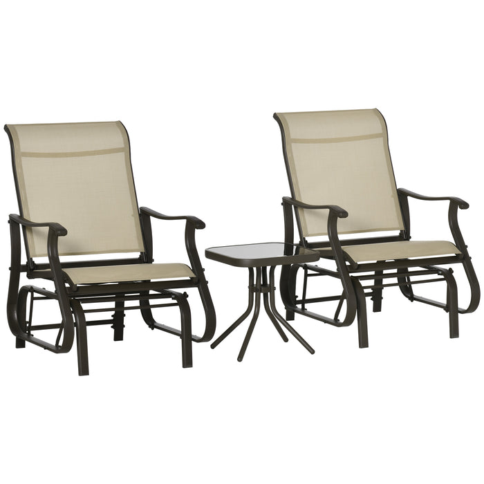 Outdoor Rocking Chair Ensemble - 3-Piece Glider Set with Tempered Glass Tea Table & Cushioned Armchairs - Perfect Patio Furniture for Relaxation