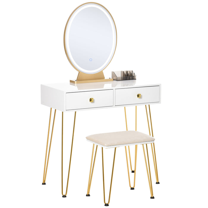 Vanity Makeup Desk with Illuminated Round Mirror - Elegant White Dressing Table Set with LED Light & 2 Storage Drawers - Includes Comfortable Cushioned Stool for Bedroom Décor