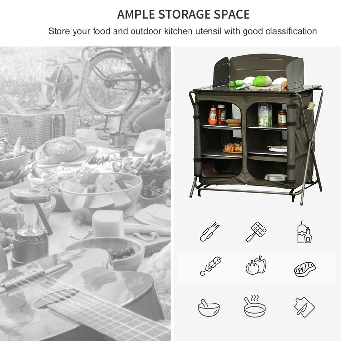 Foldable Camping Kitchen Cupboard - Outdoor Storage Unit with Windshield & 6 Shelves - Ideal for BBQs, Picnics, and Backyard Gatherings with Portable Carry Bag