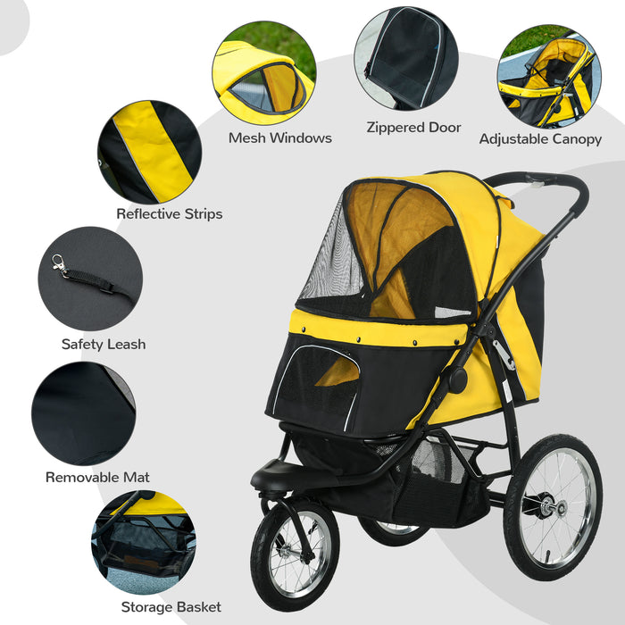 Foldable Pet Jogging Stroller - Medium & Small Dogs and Cats Pram with 3-Wheel Design & Adjustable Canopy in Yellow - Ideal for Pet Parents on the Go