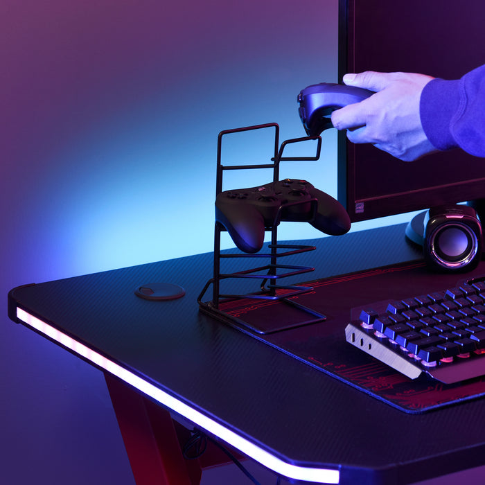 Ergonomic Racing-Style Gaming Desk - RGB LED-illuminated Workstation with Accessories Hook, Cup Holder, & Controller Rack - Ideal for Home Office and Gamers