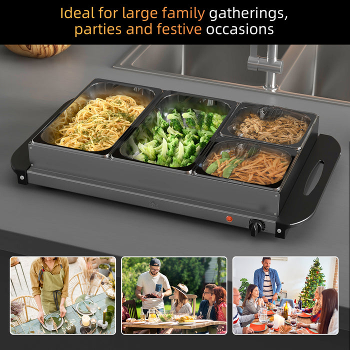 Electric 4-Tray Buffet Server with Plate Warming Feature - Cool-Touch Handles, Adjustable Temp, 300W Power - Ideal for Catering and Family Gatherings