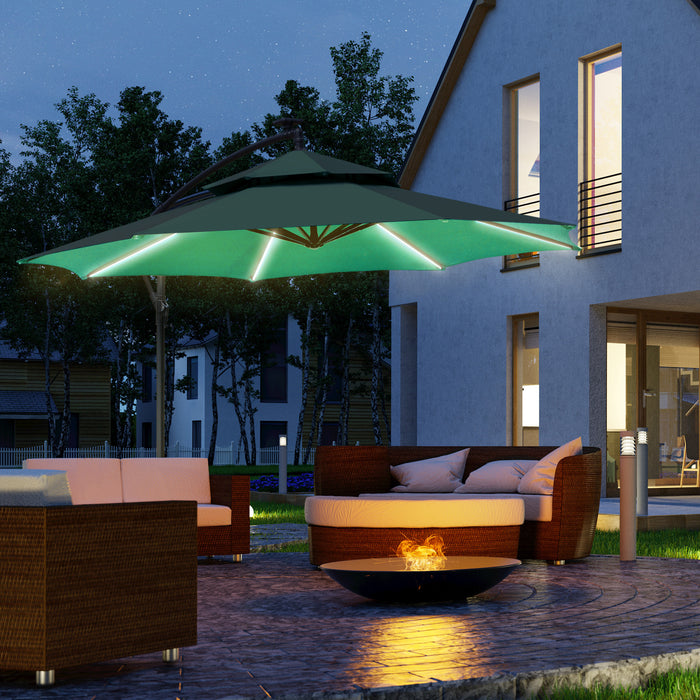 Cantilever 3m Banana Hanging Parasol - Double Roof Design with Solar LED Lights & Crank Mechanism, 8 Robust Ribs - Ideal Outdoor Shade for Patio or Garden