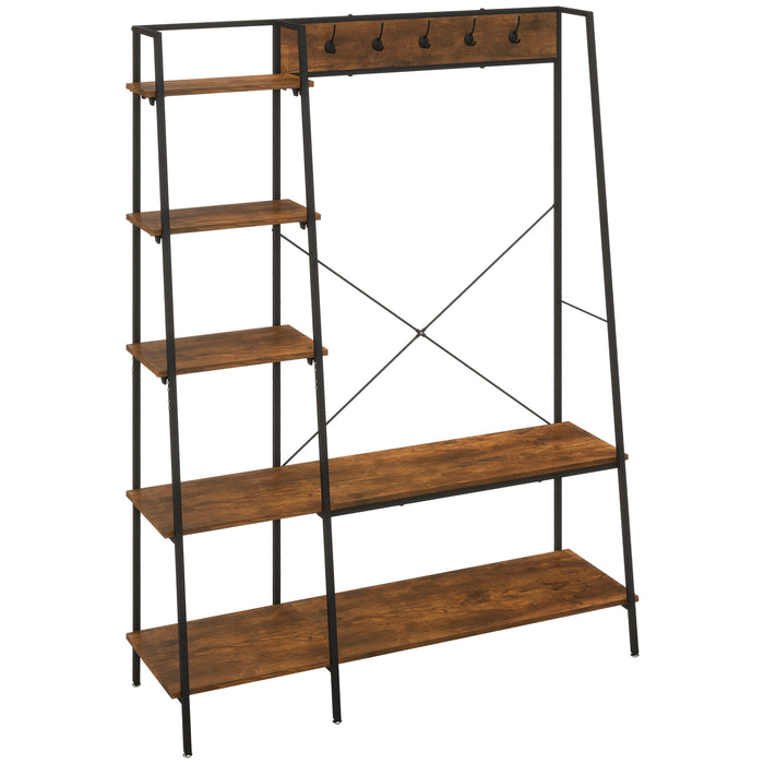 Industrial Hall Tree with Shoe Storage - Free Standing Entryway Organizer with 2-Tier Rack, 5 Hooks, 5 Side Shelves - Sturdy Steel Frame Design for Home Organization, Brown, 117x38x169cm