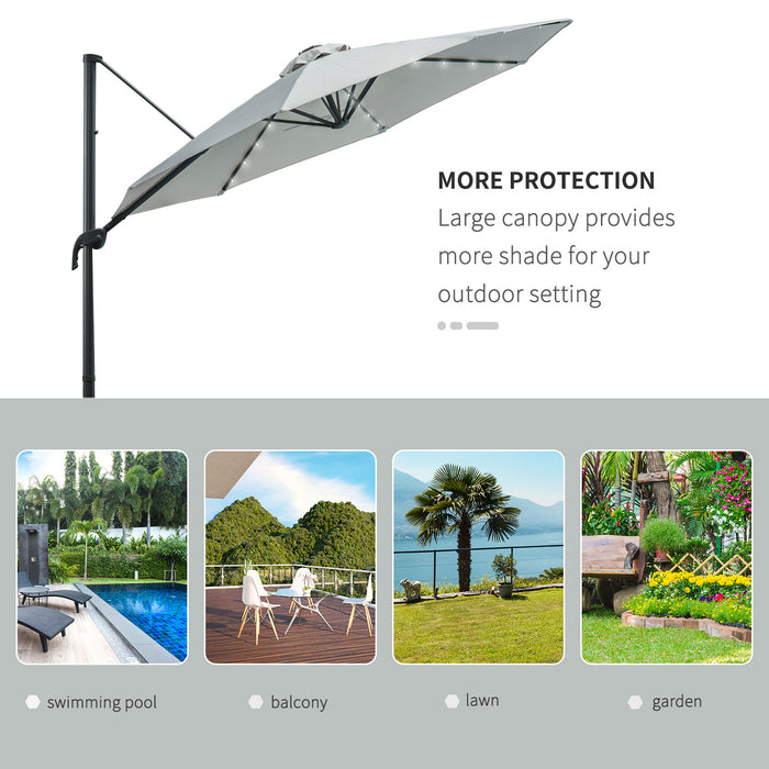 Cantilever Roma 3m Umbrella - LED Solar-Lit Patio Sunshade with Cross Base, 360° Rotation - Ideal for Outdoor Relaxation and Nighttime Ambiance