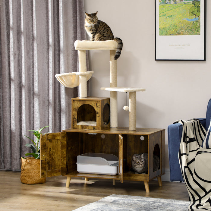 Rustic Brown Multi-Functional Cat Litter Box Enclosure - Includes Tree Tower, Hammock, & Cozy Cushion - Stylish House & Activity Center for Cats