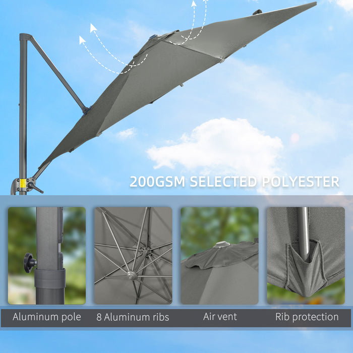 Cantilever Parasol with Cross Base - 3x3m Garden Umbrella with 360° Rotation and Tilt Feature, Grey - Ideal for Patio & Outdoor Shade