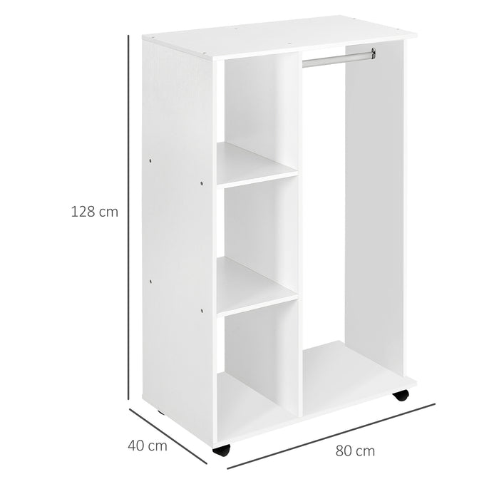 Open Wardrobe with Hanging Rail - Wheeled Storage Unit with Shelves for Bedroom - Versatile Organizing Solution in White