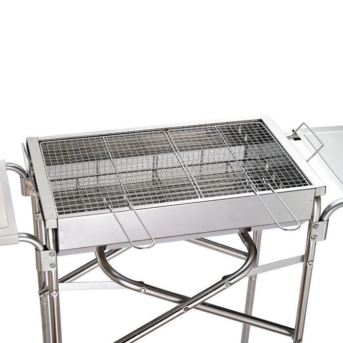 Adjustable Stainless-Steel Folding BBQ Grill - Rectangular Garden Barbecue with Grates, Frying Plate, Non-Stick Pan - Ideal for Outdoor Cooking and Camping