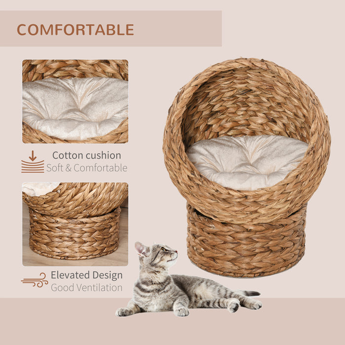 Wicker Cat Bed with Cylindrical Rattan Base - Soft Washable Cushion in Retro Brown, 50x42x60cm - Ideal Comfort for Cats