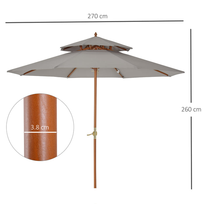 Double Tier 2.7m Garden Sun Umbrella - Outdoor Patio Wooden Parasol with Grey Canopy - Sunshade for Comfort and UV Protection