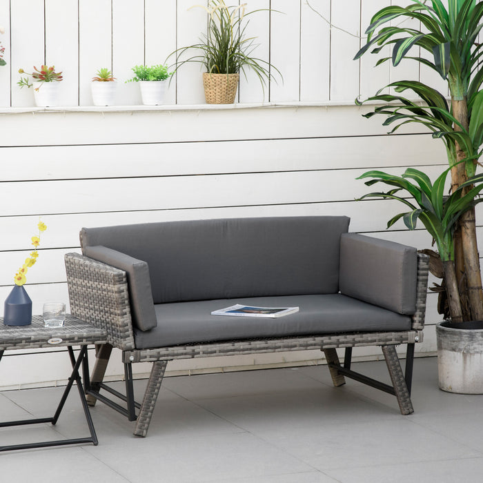 Rattan Folding Daybed Sofa Bench - 2-Seater Garden Chaise Lounge with Cushion, Outdoor Loveseat, Grey - Ideal for Patio Relaxation and Comfort