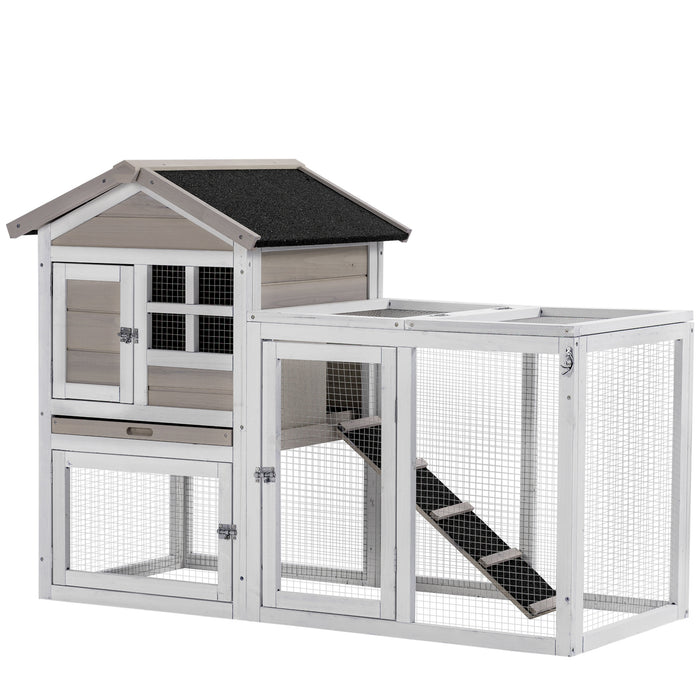 Double-Decker Rabbit & Guinea Pig Hutch with Run Box - 2-in-1 Wooden Small Animal Shelter, Slide-Out Tray, Ramp - Ideal for Pet Comfort and Easy Maintenance