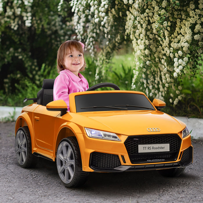 Kids Licensed Audi TT RS - Electric Ride-On Car with Remote, 12V Battery, Suspension, Headlights, MP3 Player, 3km/h in Yellow - Fun Driving Experience for Children