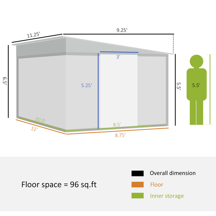 Outdoor Metal Tool Shed - Double Sliding Doors, Twin Air Vents, Spacious 11.3x9.2 ft - Ideal Garden Storage Solution in Green