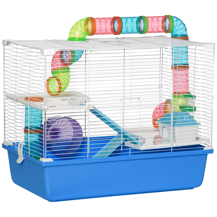 Spacious 3-Level Hamster Habitat - Includes Tunnel, Wheel, Water Bottle, Food Dish & Accessories - Perfect Home for Small Rodents with Cozy Hut and Ramps