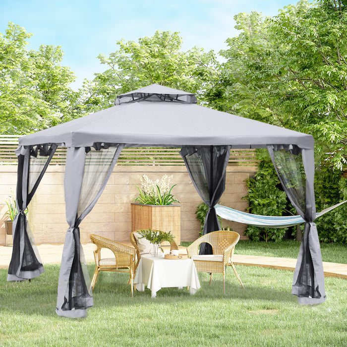 Metal Gazebo 3x3 Meter with 2-Tier Roof - Outdoor Garden Marquee, Party Tent Canopy, Patio Shelter with Netting - Ideal for Entertaining and Relaxation, Grey