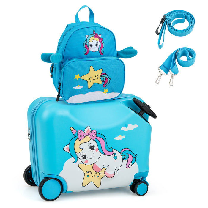 Kids Luggage - 2 Piece Set with Spinner Wheels and Anti-Lose Rope in Blue - Ideal for Travelling Children