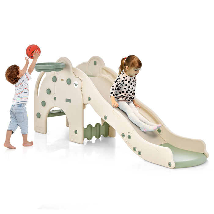 Cute Elephant Kids Play Slide - Incorporating Basketball Hoop, Playful Design - Ideal For Fun and Sports Activity For Children