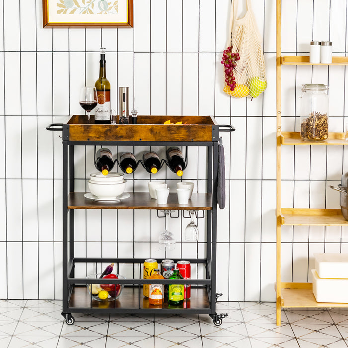 Wheeled Kitchen Cart - Removable Top Tray, 3-Tier Storage Shelf, 4 Hooks in Rustic Brown - Ideal for Extra Kitchen Storage and Portability