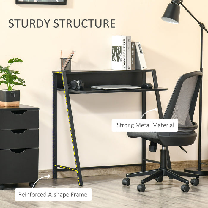 Modern Black Writing Desk - Computer Table with Storage Shelf for Home Office - Space-Saving Workstation for PC and Laptop Users