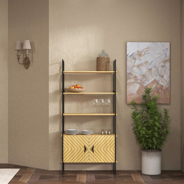 4-Tier Industrial Bookshelf with Cabinet - Oak-Toned Shelving Unit with Metal Frame and Double Doors - Versatile Storage for Living Room or Bedroom